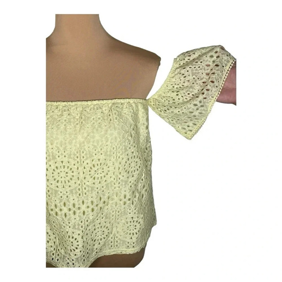 💛 Everly Yellow Eyelet Boxy Short Sleeve Crop Cotton Top Medium - Picture 5 of 12